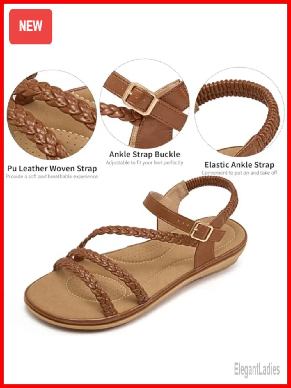 Womens Dressy Strappy Flat Sandals PU Woven Buckle Walking Comfortable